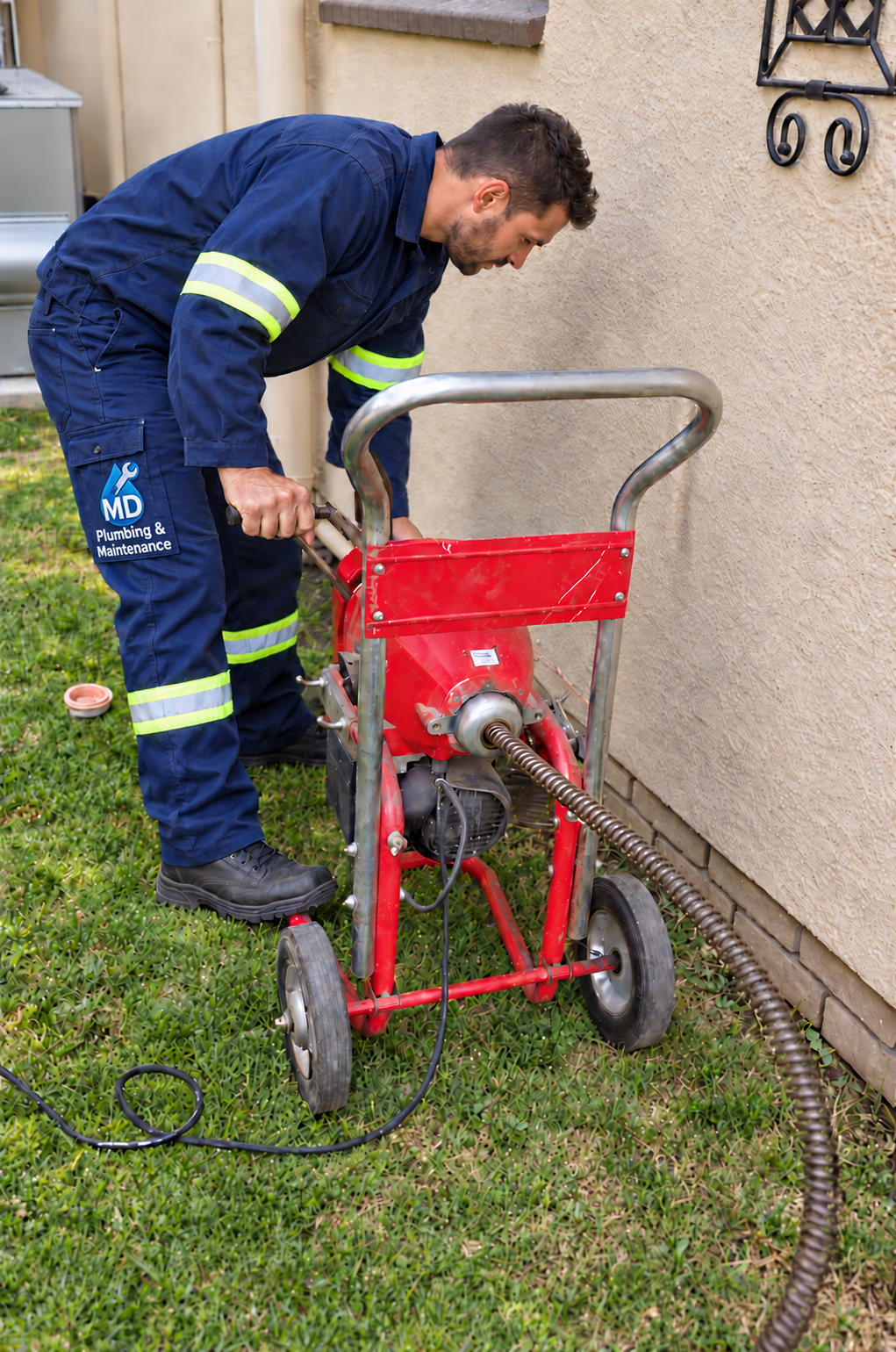 MD-branded drain equipment photograph, digitally edited